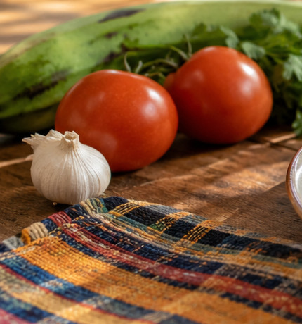Tomates y otros ingredientes sobre una mesa · Imagen ilustrativa generada con IA