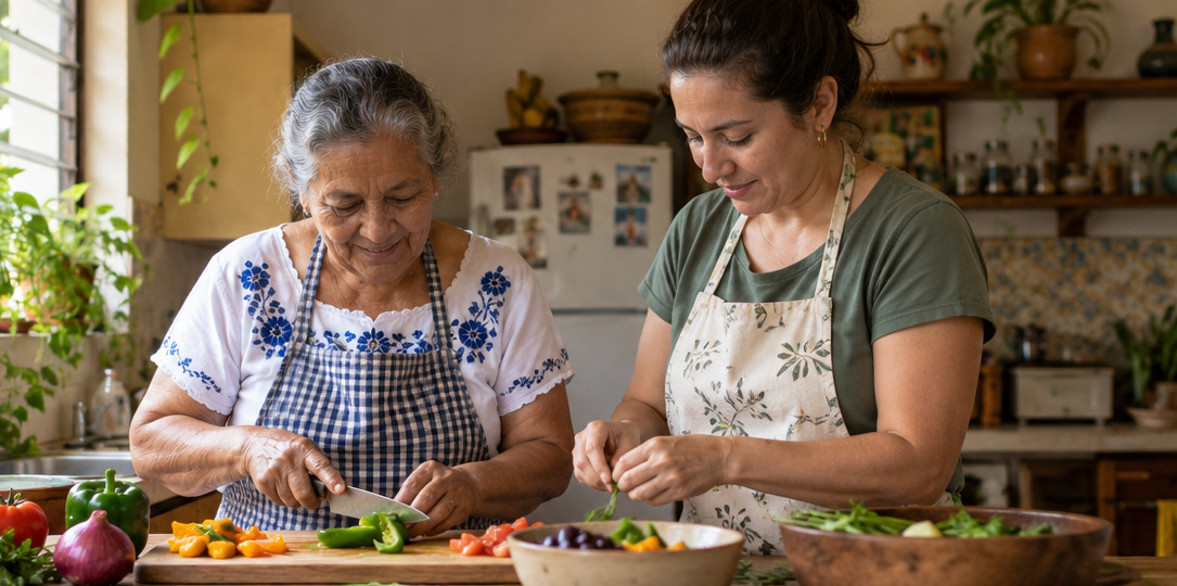 Dos personas preparando vegetales en una cocina · Imagen ilustrativa generada con IA