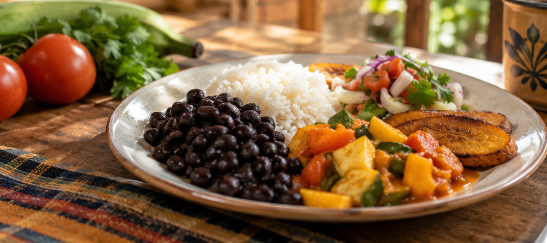 Plato de arroz, frijoles y vegetales para compartir · Imagen ilustrativa generada con IA